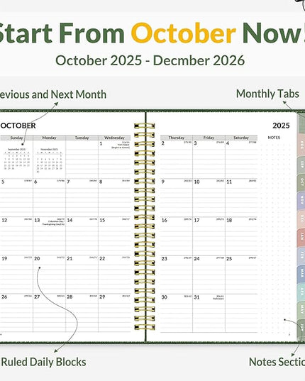 SUNEE 2026 Weekly & Monthly Planner 6.4"x8.5"- 12 Month (January 2026 - December 2026), Vegan Leather Cover, Pocket, Bookmark, Notes, Monthly Tab, Deep Green
