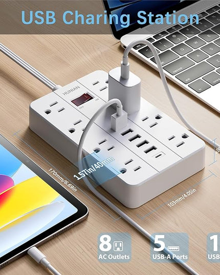 Power Strip with USB, Flat Plug Extension Cord Surge Protector 5 Ft, HUNIAN Power Strip with 8 Widely Spaced Outlets 6 USB Charger (1 USB C Port), Desk Charging Station for Home Office, White