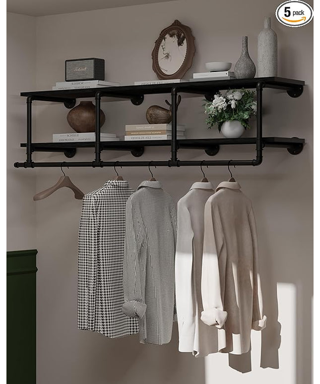 Wall Mounted Clothes Rack 12 Inch Deep, 60 Inch Heavy Duty Garment Rack with Real Black Wood Shelf, Multi-Purpose Hanging Rod & Space-Saving Closet Storage Organizer