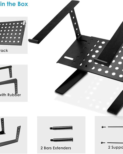 Pyle Portable Adjustable Laptop Stand - 6.3 to 10.9 Inch Standing Table Monitor or Computer Desk Workstation Riser with Shelf Storage and Height Alignment for DJ, PC, Gaming, Home or Office - PLPTS26