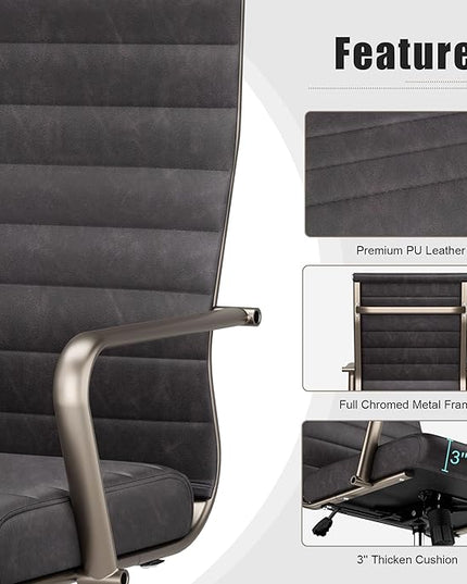 Okeysen Leather Office Desk Chair, Ergonomic Mid Century Modern Conference Room Chairs, Executive Ribbed Height Adjustable Swivel Rolling Chair for Home Office.