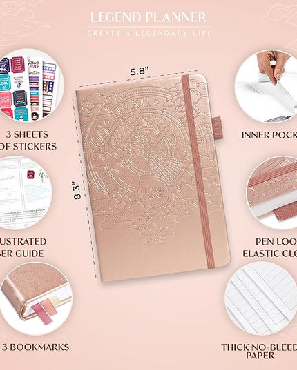 Legend Planner Hourly Schedule Edition – Deluxe Weekly & Daily Organizer with Time Slots. Time Management Appointment Book Journal for Work & Personal Life, Undated, A5 Hardcover – Rose Gold, Debossed