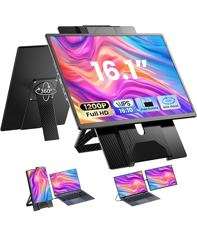 Enzion Laptop Screen Monitor Extender,1080P FHD Portable Monitor for Laptop, Built-in Speaker and Adjustable Backstand, Triple Screen Extender Compatible with Wins/MacOS/Chrome (Black, Dual-16Inch)