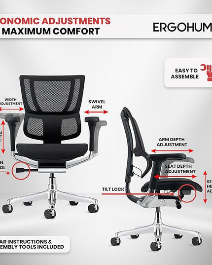 Ergohuman Eurotech ME3ERG-XTREME Mid Back Mesh Office Chair with Tilt Tension Control, Tilt Lock, Back Angle, Back Height, Synchro Tilt, Seat Height, Seat Depth, and Arm Height Adjustments