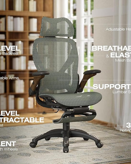 ELABEST X100 Ergonomic Mesh Office Chair with Footrest, Big and Tall Hone Desk Chair with 5D Flip-Up Arms, Adjustable 3D Lumbar Support,Gaming & Executive Computer Chairs for Long Hours