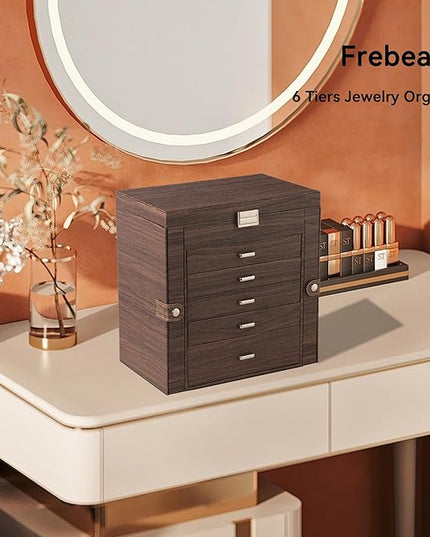Frebeauty Large Jewelry Box,6-Tier PU Leather Jewelry Organizer,Multi-functional Storage Case with Mirror,Accessories Holder with 5 Drawers for Necklace Bracelets Watches(Tree Brown)
