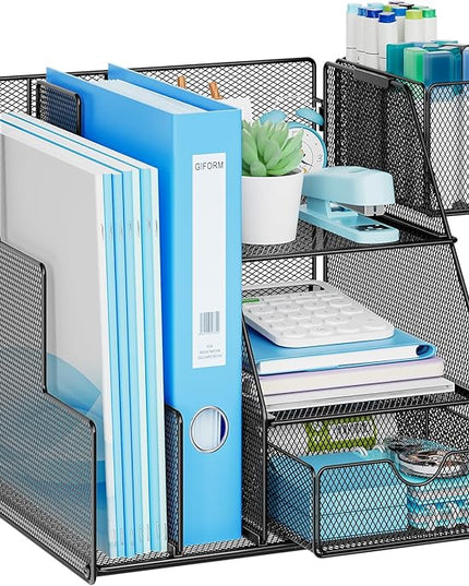 Marbrasse Desk Organizer and Accessories, 3-Tier File Organizer with Drawer and Pen Holder, Small Desktop Organizer and Storage for Workspace Office Supplies Black