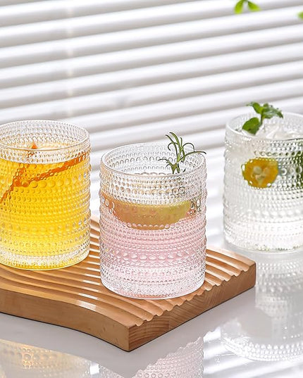 Vintage Hobnail Drinking Glasses Set of 8,Clear 12 oz & 15oz Highball Glass Cups, Kitchen Drinkware Glassware,Embossed Water Tumbler,for Beer,Cocktail,Whiskey,Juice and Various Mixed Drinks