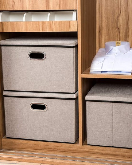 PRANDOM Large Foldable Storage Bins with Lids [3-Pack] linenFabric Decorative Storage Boxes Organizer Containers Baskets Cube with Handles Divider for Bedroom Closet Office Light Grey(17.7x11.8x11.8)