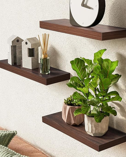 BAYKA Floating Shelves for Wall, Wall Mounted Rustic Wood Shelves for Bathroom, Bedroom, Living Room, Kitchen,Small Hanging Shelf for Books/Storage/Room Decor (Walnut-Like, Set of 3, 15.7in)