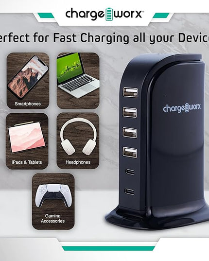 ChargeWorx Multi-Port Charger with 4 USB-A and 2 USB-C Ports, Fast Tower Charging Station, 40-Watt Output, Includes Surge Protector, Fire-Resistant Design, Compatible with iPhone and Android Devices