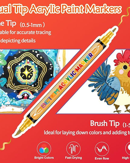 Metallic Acrylic Paint Markers, Dual Tip 24 Colors Acrylic Paint Pens with Brush Tip and Fine Point, markers for black paper, Art Supplies for Rock, Wood, Canvas, Stone, Glass,Grandkids, and Kids
