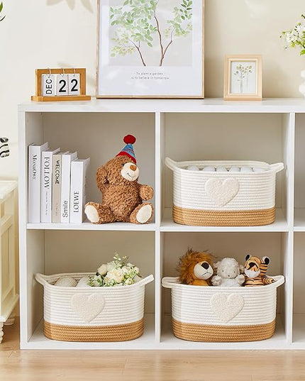 Storage Bins Woven Baskets for Storage Set of 3, Cotton Rope Basket with Handles for Toys/Shelves/Laundry, Rectangle Multi-Purpose Organizer for Living Room, Bedroom, Nursery (Heart)