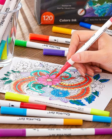 120 Colors Dual Tip Brush Marker Pens with 1 Coloring Book, Fineliner and Brush Dual Tip Markers Set, Water-based Ink Perfect for Kids Adult Artist Calligraphy Hand Lettering Journal Doodling Writing
