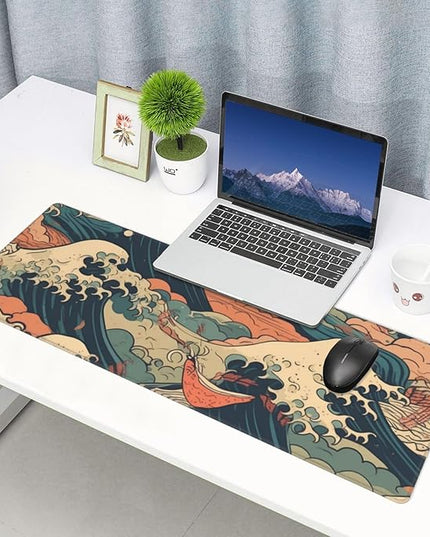 Vintage Japanese Wave Gaming Mouse Pad XL, Large Non Slip Rubber Mousepad, Stitched Edges Mouse Pads, Long Extended Mouse Pad,31.5'' X 11.8''