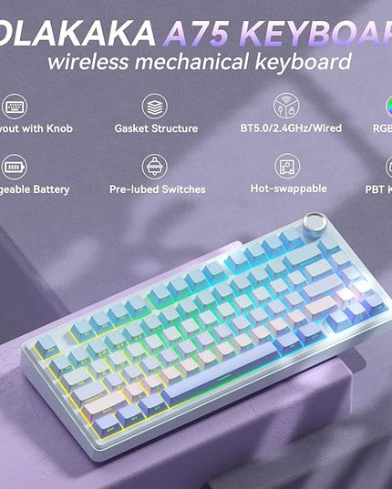 SOLAKAKA A75 75% Wireless Mechanical Keyboard, Hot Swappable Gaming Keyboard with Multifunction Knob & RGB, Gasket Mounted Creamy Keyboard, PBT Keycaps, Compact Layout for Win/Mac/PC