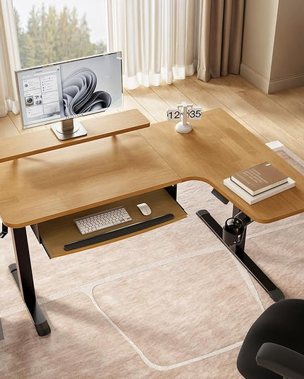 EUREKA ERGONOMIC L Shaped Standing Desk w Solid Wood Tabletop,61" Electric Corner Computer Desk, Adjustable Height Desk w Keyboard Tray,Dual Motor,LED Monitor Stand,Right/Oak