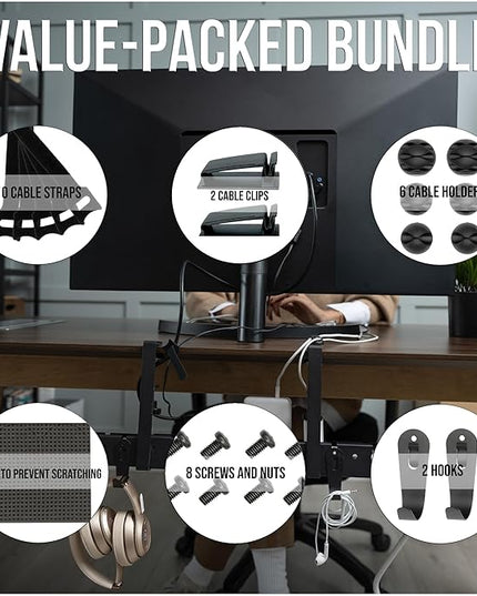 No Drill Under Desk Cable Management Tray - Extendable 16" to 31" Sturdy Steel Desk Cord Hider Raceway - Under Desk Cable Tray Holder with 38 Wire & Cable Rack Organizer Accessories - Black