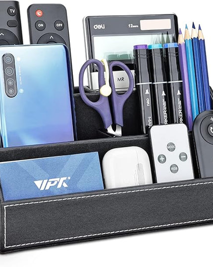 KINGFOM Pu Leather Desk Organizer with 5 Compartments Holder, Multi-Functional Office Supplies Storage Caddy for Pen/Pencil, Phones, Remote Controller and Desktop Accessorie Black