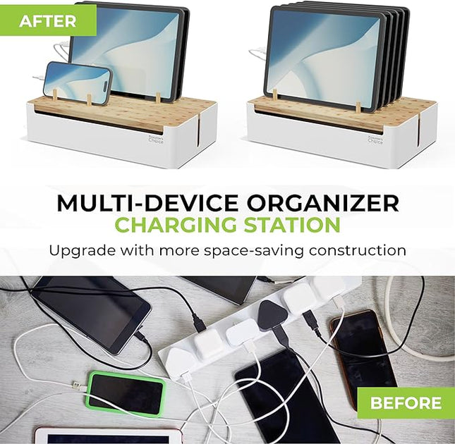 Prosumers Choice Bamboo Charging Station for Multiple Devices - Wooden Charger Organizer with Removable Dividers for Phones, Tablets, and Laptops - 11 Inch Cable Organizer Box - Space-Saving Desk Dock