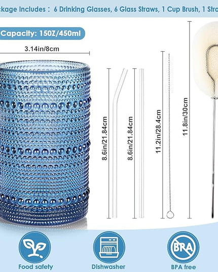 Large Hobnail Drinking Glasses Set of 6,15oz Blue Vintage Glassware,Embossed Glass Cups,Water Tumbler,Highball Glasses For Beer, Juice And Various Mixed Drinks