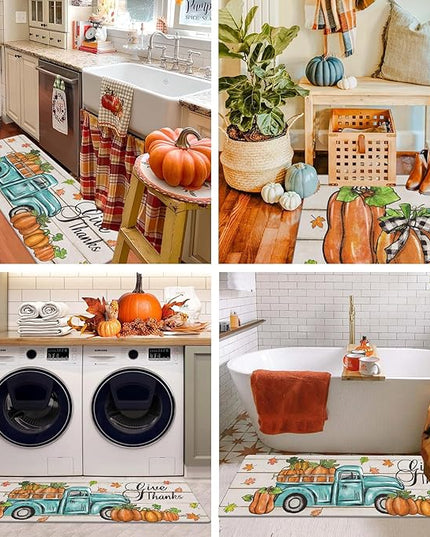 Pauwer Fall Kitchen Rugs Set of 2, Pumpkin Truck Anti Fatigue Kitchen Floor Mat, Non Slip Farmhouse Cushioned Kitchen Mats for Floor, Kitchen Runner Rug Floor Carpet Fall Harvest Thanksgiving Decor