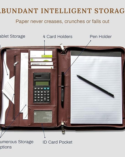 Cossini Premium Business Portfolio with Zipper – Padfolio - Superior Business Impressions Begin with PU Vegan Leather, 10.1 Inch Tablet Sleeve, Smart Storage, Solar Calculator, Writing Pad -Brown