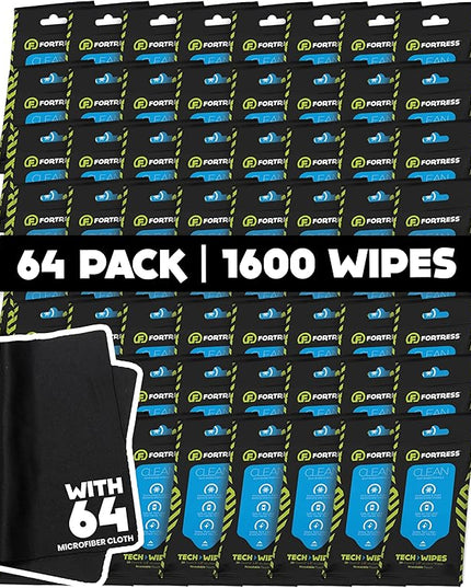 Fortress Electronic Wipes With Microfiber Cloth (25 ct, Pack of 64) To-Go Tech Wipes for Screens, Phones, Keyboards, TV Monitors, Computer Screens, and More [Travel Size] Skin-Safe