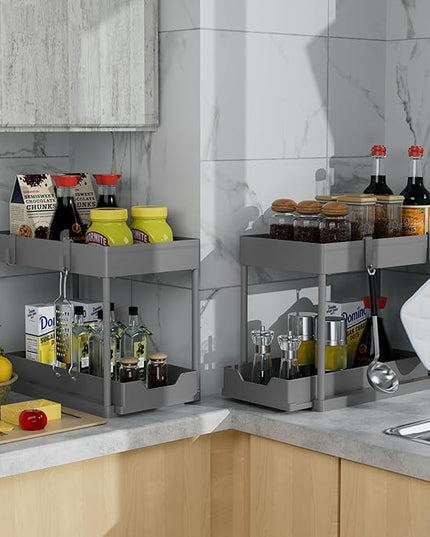 DEKAVA Under Sink Organizer 2 Pack，Bathroom Cabinet Organizer，2 Tier Sliding Cabinet Basket Organizer Drawer, Multi-Purpose Bath Collection Baskets for Bathroom (Grey)