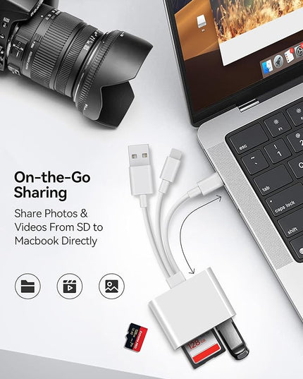 SD Card Reader for iPhone iPad Laptop 3-in-1 Connectors Memory Card Adapter with Dual Slots & USB Port Trail Game Camera Viewer for iPhone Mac MacBook Android Laptop White