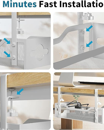 Under Desk Cable Management Tray 2 Pack, No Drill Cable Organizer With Clamp for Standing Desk, Easy to Install Cord Management System, No Damage Wire Organizer