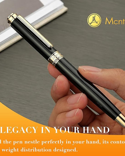 MCNTEIK 317 Fountain Pen,Stunning Luxury Black Piano Lacquer,18K Gilded Nib(Fine),Gorgeous 24K Gold Finish, Ink Converter,Fancy Gift for Men&Women-Elegant,Executive,Office,Nice Pens for Writing