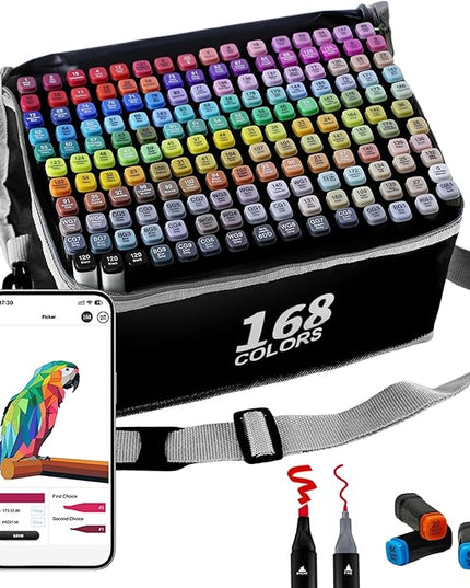 Alcohol Markers with APP, 168+2 Colors Dual Tip Art Marker for Adults Coloring Books, Alcohol Based Illustration Markers Set for Adult Artist Drawing Sketching Painting Lettering Cards