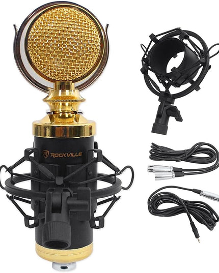 Rockville RCM02 Pro Studio Condenser Microphone, Cardioid Pattern, All-Aluminum Chassis with Steel Basket, Dual Connectivity XLR and 3.5mm, Shock Mount, Cables, for Recording and Podcasting