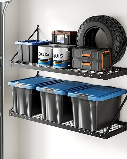 FLEXIMOUNTS 2-Pack 2x4ft Garage Wall Shelving - Heavy Duty Garage Storage Rack, 660lbs Load Capacity with Brace Guardrail, Organization System for Tools, Bins, Utility Room, Pro Series