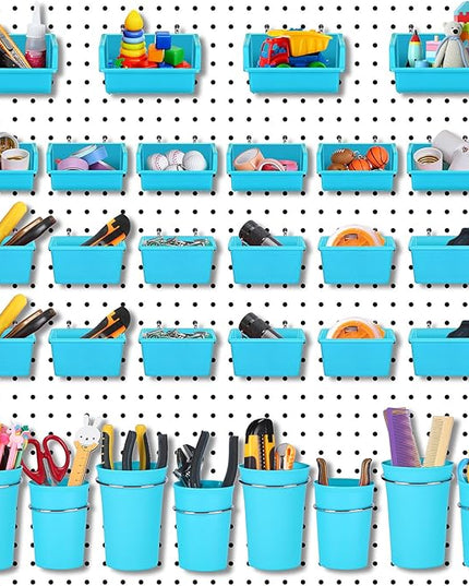 Roowest 60 Pcs Pegboard Cups Pegboard Bins Set, Wall Organizer with Hooks and Loops, Hooks Assortment Organizer Accessory for Office Storage Garage Craft Workshop(Blue)