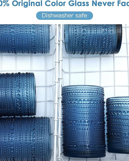 Hobnail Drinking Glasses Set of 6,12oz Blue Vintage Glassware,Cocktail Glasses,Embossed Glass Cups,Water Tumbler for Whiskey, Juice and Various Mixed Drinks