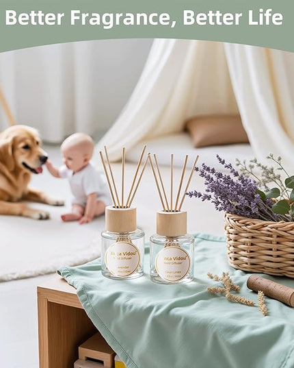 Binca Vidou Reed Diffuser Set Lavender & Linen Natural Scent Theme Oil Diffusers with Sticks for Home Office Bathroom Aromatherapy Decor 1.69oz x 2