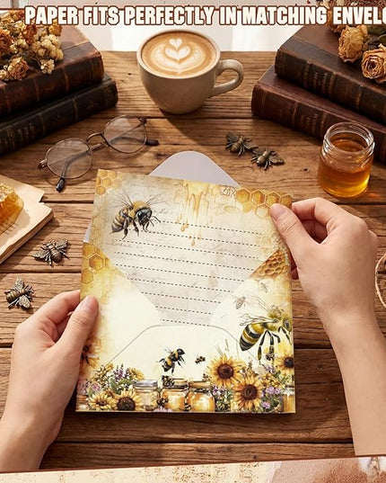 TaoBary 160 Pcs Stationery Paper Set 50 Double Sided Stationery Papers with 50 Matching Envelopes and 60 Round Dot Sticker, 10 Design (Vintage Bee Floral Butterfly,8.25 x 5.5 Inch)