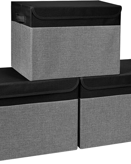 Large 17" 42 Quarts Collapsible Stackable Storage Bins with Lids [3-Pack] Foldable Fabric Linen Storage Boxes Cube, Closet Organizer Baskets with Label for Home (16.7 x 12 x 12", Black & Gray)