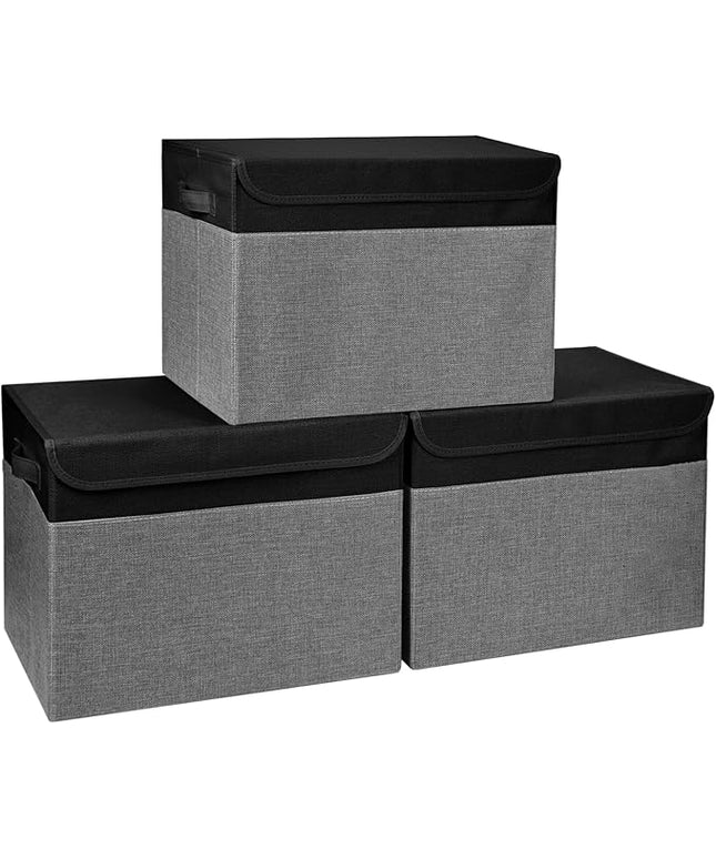 Large 17" 42 Quarts Collapsible Stackable Storage Bins with Lids [3-Pack] Foldable Fabric Linen Storage Boxes Cube, Closet Organizer Baskets with Label for Home (16.7 x 12 x 12", Black & Gray)