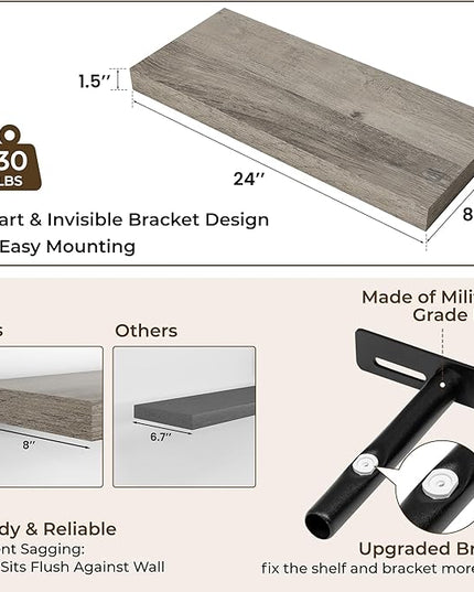 RICHFOCUS 24Inch Floating Shelves for Wall 2 Pack Shelves for Bedroom|Kitchen|Bathroom Wall Mounted Rustic Wood Floating Shelf with Invisible Brackets for Books|Storage|Decor, Grey