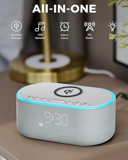 Wireless Charging Alarm Clock Radio: Qi Certified Fast Wireless Charger for iPhone Samsung - 10W Stereo Bluetooth Speaker - Dimmable Digital Clock with FM Radio for Bedroom Cloud Blue