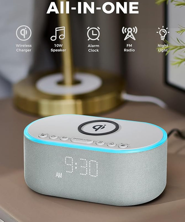 Wireless Charging Alarm Clock Radio: Qi Certified Fast Wireless Charger for iPhone Samsung - 10W Stereo Bluetooth Speaker - Dimmable Digital Clock with FM Radio for Bedroom Cloud Blue