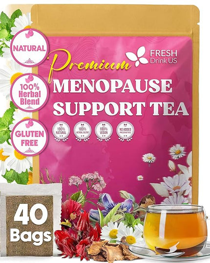 FreshDrinkUS, 40 Tea Bags - Menopause Support Herbal Tea – Soothing Blend with Rhubarb, Hibiscus, Valerian, Passiflora, Ashwagandha, Fennel & Chamomile, Caffeine-Free, Vegan, Non-GMO