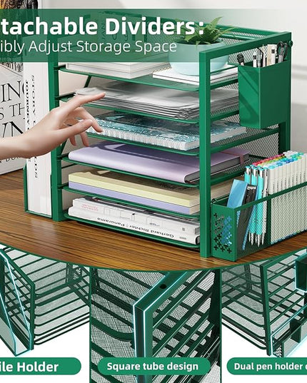 Simple Trending 6 Tier Desk File Organizer, Paper Letter Tray Organizer with File Holder and Pen Container, Green