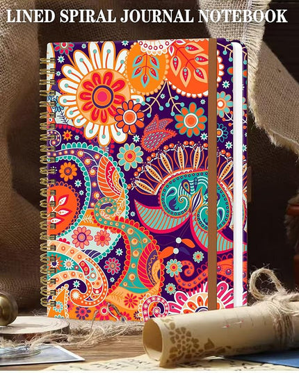 Spiral Journal Notebook for Women, Hardcover A5 College Ruled Notebook, 120 Pages, Thick Paper, Cute Lined Journal for School, Office & Work, 6 x 8.4 in(Red Orange Boho Floral)