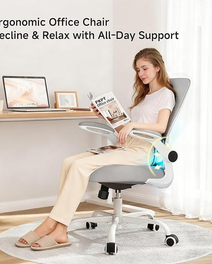Mesh Office Chair, 330LBS Ergonomic Desk Chair with Adjustable Lumbar Support, Executive Computer Chairs for Home Office, White and Gray