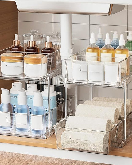 Pull-Out Home Organizer, 2 Pack 2 Tier Clear Bathroom Organizer with Dividers, Multipurpose Vanity Counter Tray, Kitchen, Closet Organizers, Cabinet & Storage Container Bins