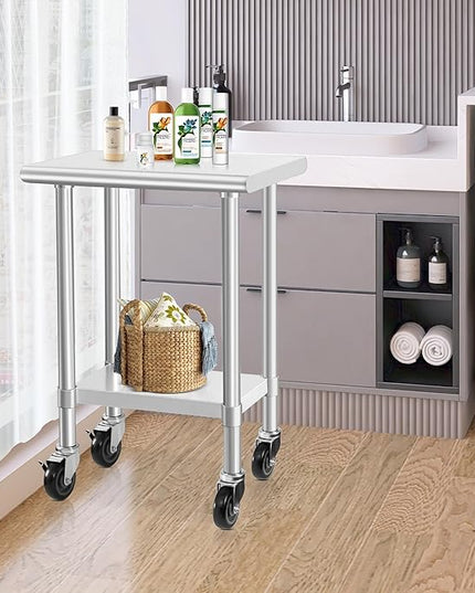 HARDURA Stainless Steel Commercial Table Prep & Work Table with Casters Heavy Duty Metal Table with Wheels NSF 430 18×24 Inches